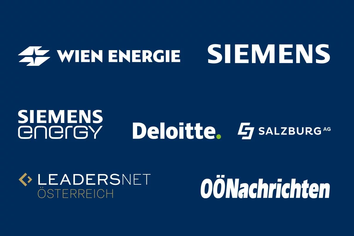 Das Bild zeigt die Partner-Logos der inspire: Wien Energie, Siemens, Siemens Energy, Deloitte, Salzburg AG, Leadersnet, OÖ Nachrichten.